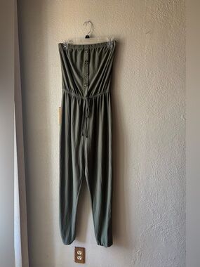 Rue21 Strapless Olive Jumpsuit with Button Front and Drawstring Waist